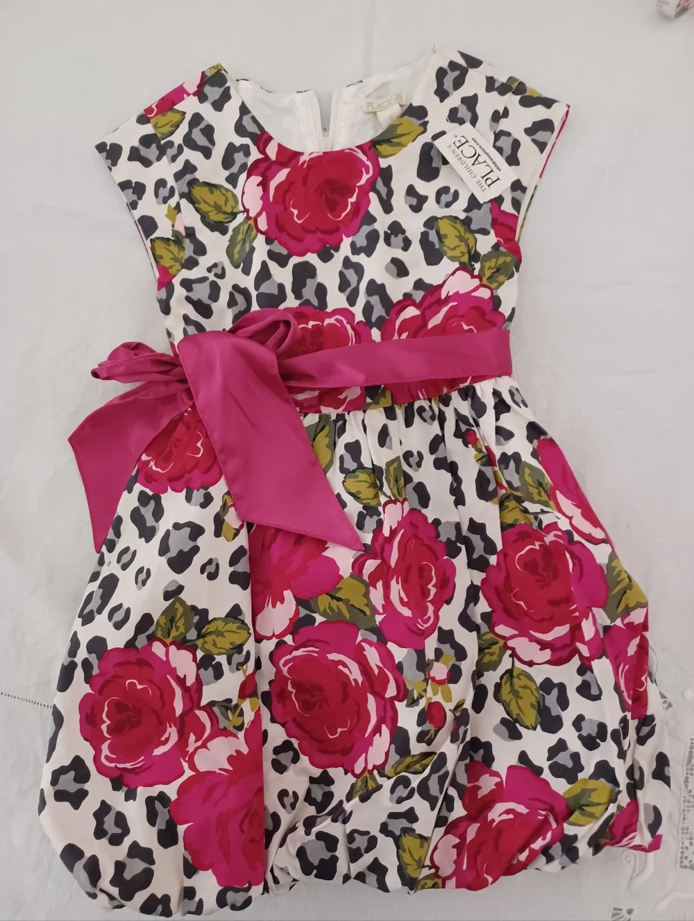 The Children's Place White Dress with Hot Pink Floral Print and Sash